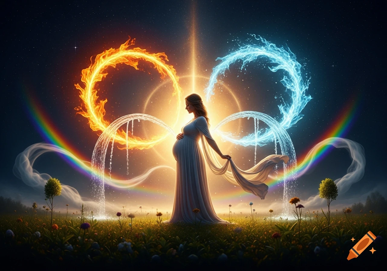 A glowing pregnant woman in a white gown stands in a starry field, flanked by elemental fire and water rings, with rainbows. Cosmic fantasy art.