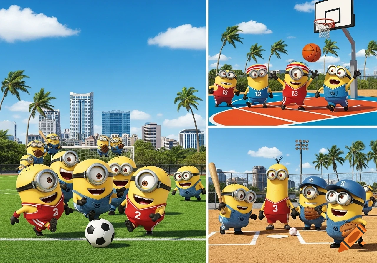 Minions play soccer, basketball, and baseball in separate scenes with a city skyline and palm trees in the background.