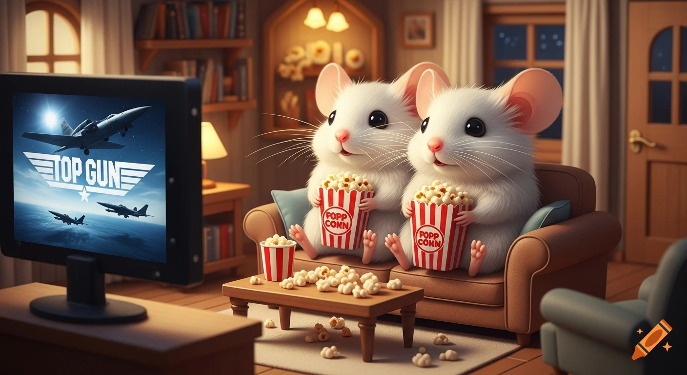Two fluffy white mice eat popcorn while watching 'Top Gun' on TV in a cozy living room.