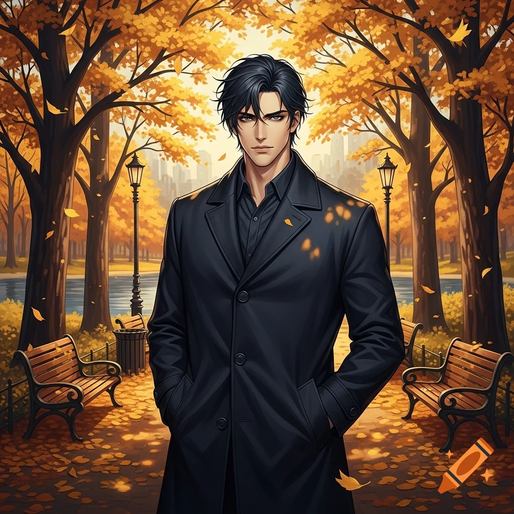 Anime man with black hair in a black coat, standing in an autumn park with golden trees and fallen leaves.