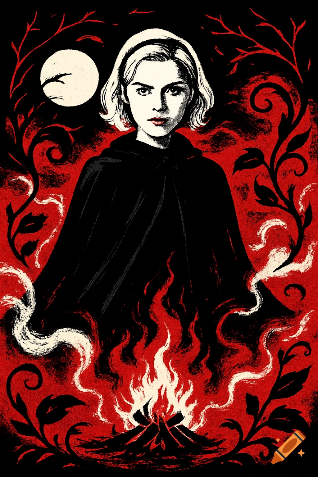 Stylized illustration of a young blonde witch in a black cape standing over a bonfire, with a full moon and red foliage. Rendered in black, white, and red.