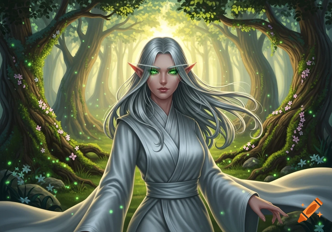 A silver-haired elf with glowing green eyes stands in a magical, lush forest with glowing plants and arching trees.