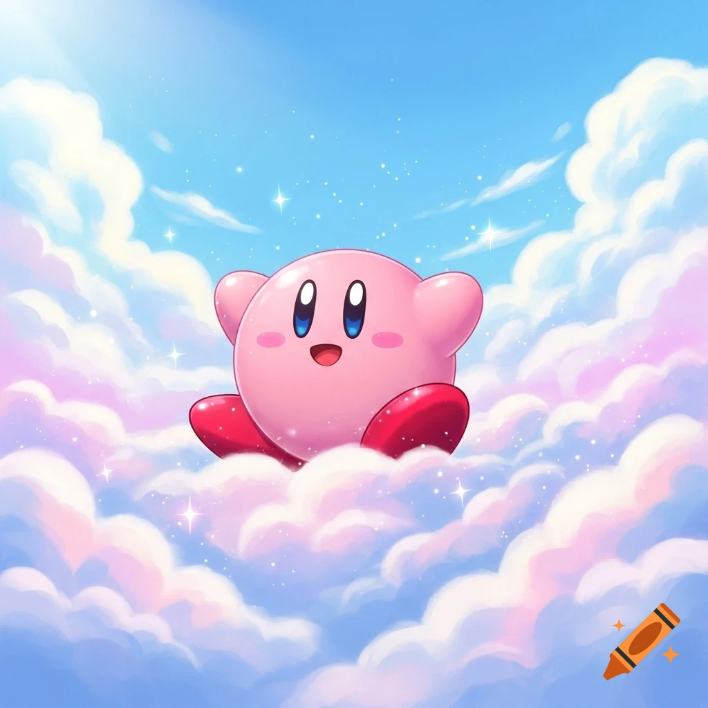 A cute pink cartoon character, Kirby, sits smiling amidst soft, fluffy pink and white clouds in a sparkling blue sky.