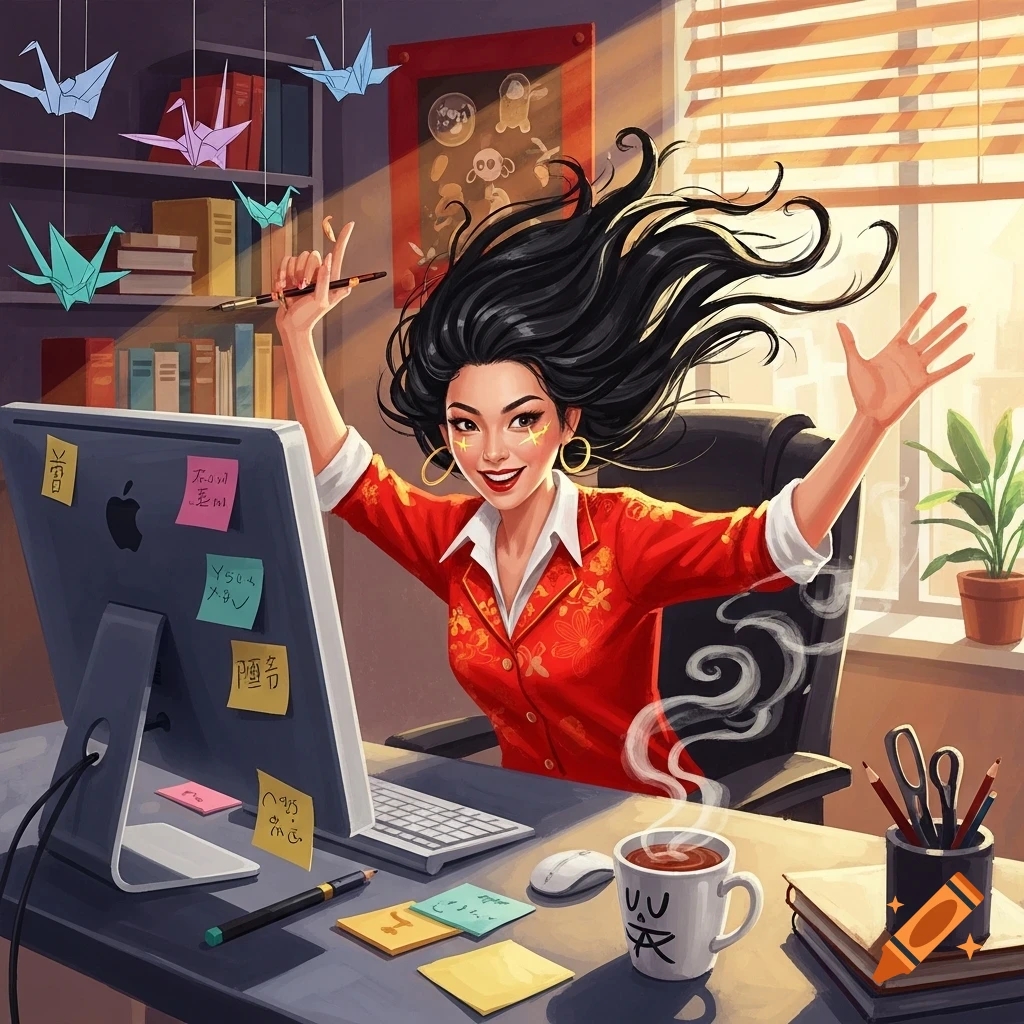 Cheerful woman with flowing black hair at a sunlit office desk, hands raised in excitement, surrounded by origami cranes and a computer.