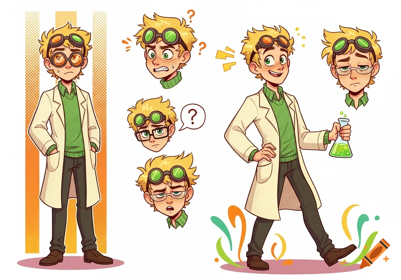 A blonde cartoon scientist in a lab coat and mismatched goggles, depicted in various poses and expressions including confused and excited.