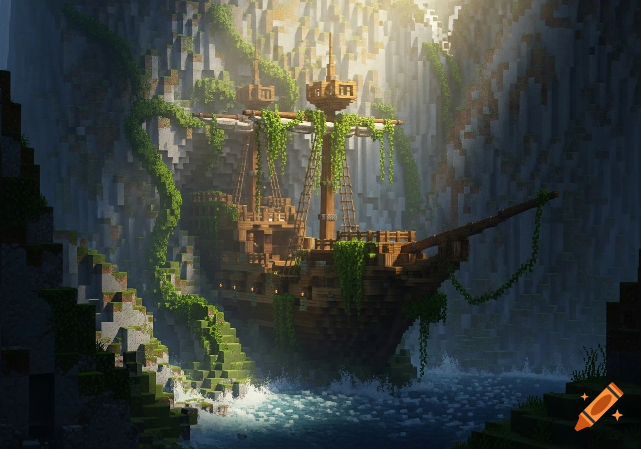 A Minecraft-style pirate shipwreck embedded into a mossy, vine-covered mountain cliffside with dramatic lighting and fog.