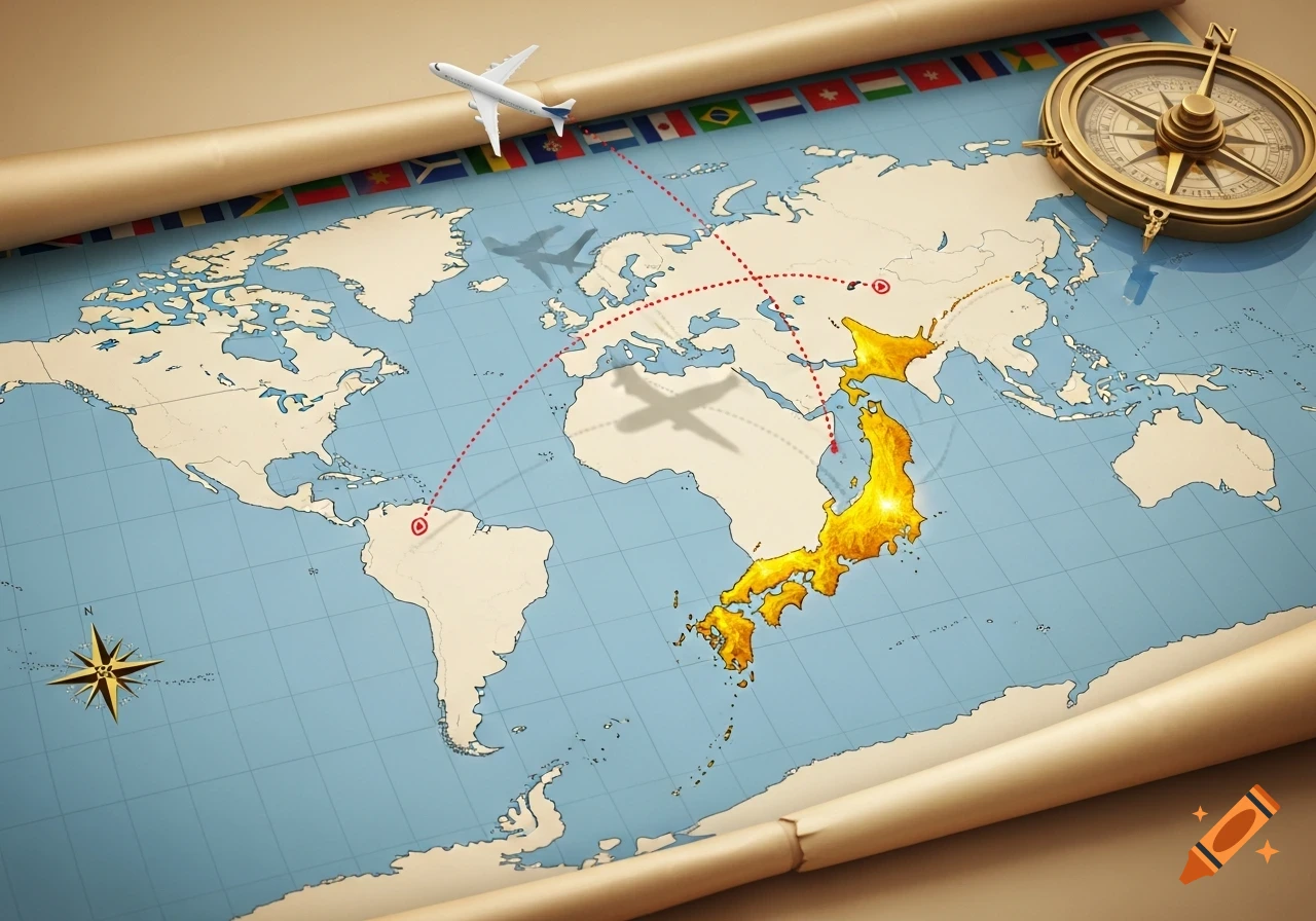 A 3D render of a world map with a small airplane flying over a dotted path towards a highlighted Japan, with a compass and flags.