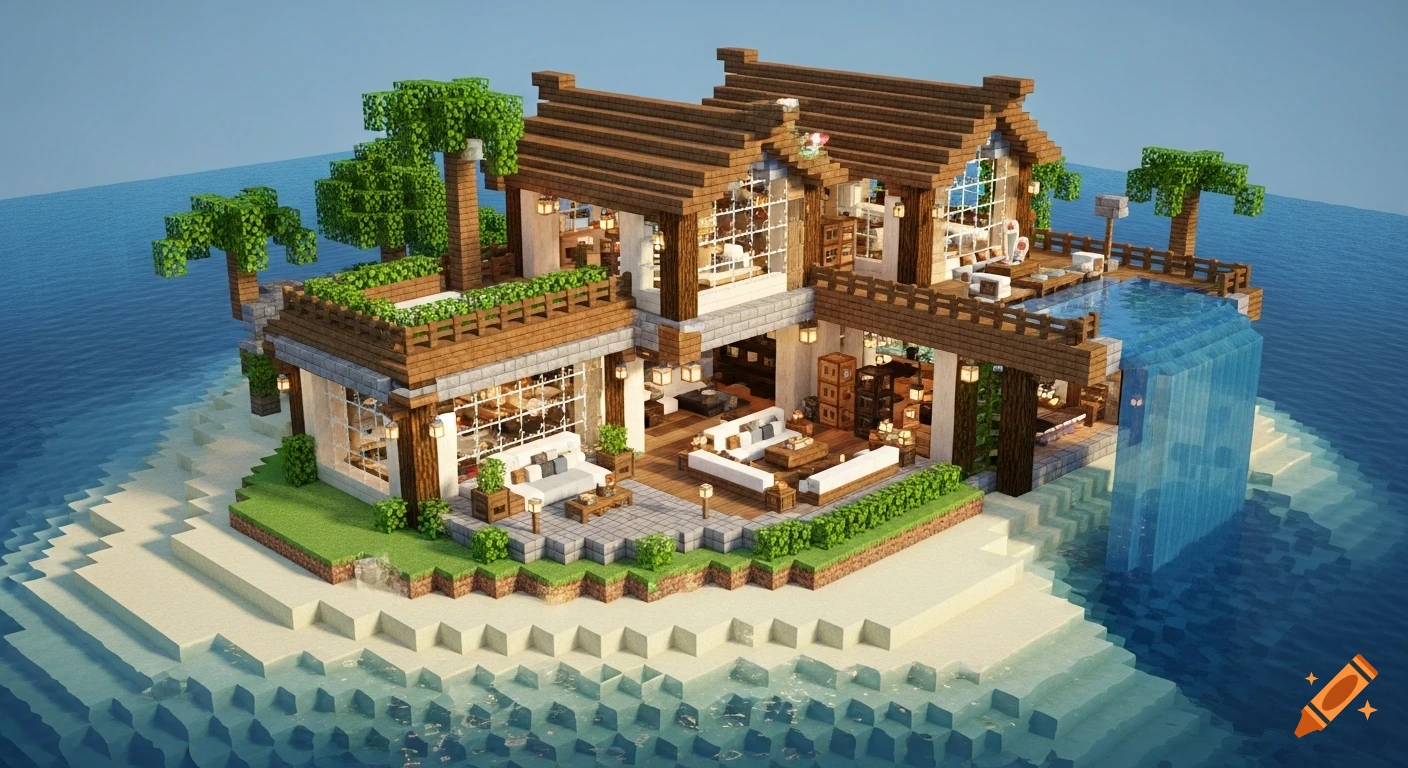 An isometric view of a detailed Minecraft-style island house with wooden roofs, stone walls, large windows, a pool with a waterfall, and palm trees surrounded by blue ocean.