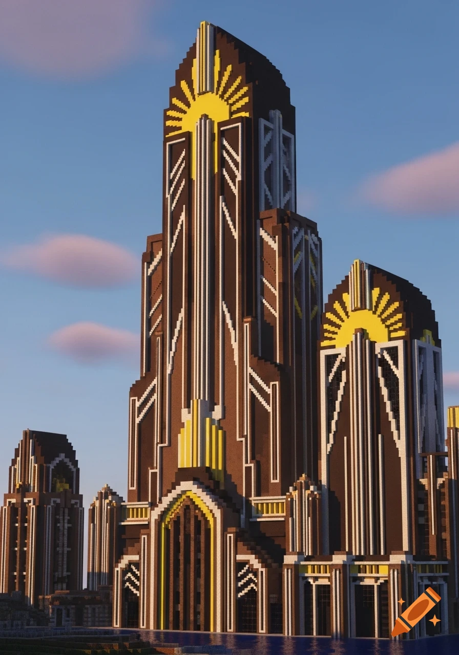 A tall, brown and gold Art Deco style skyscraper built in Minecraft, under a blue sky with pink clouds.