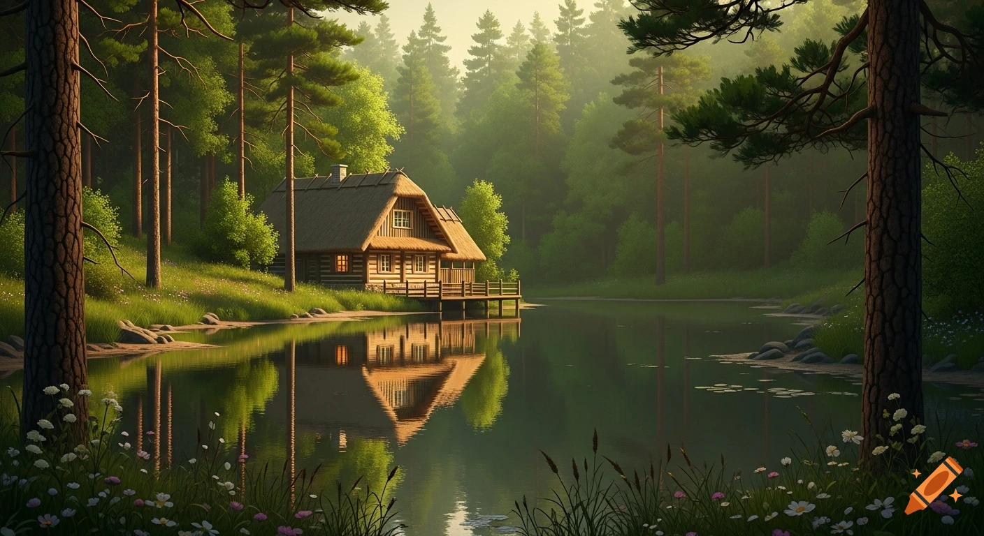 A picturesque wooden cabin with a thatched roof sits by a calm forest lake, reflecting the trees and cabin.