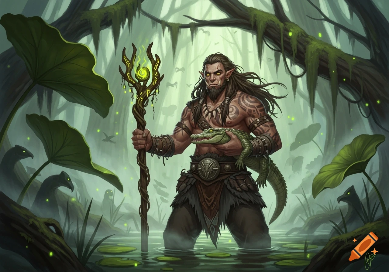 A bearded half-orc with a glowing staff and a small crocodile stands in a swamp. Fantasy art.