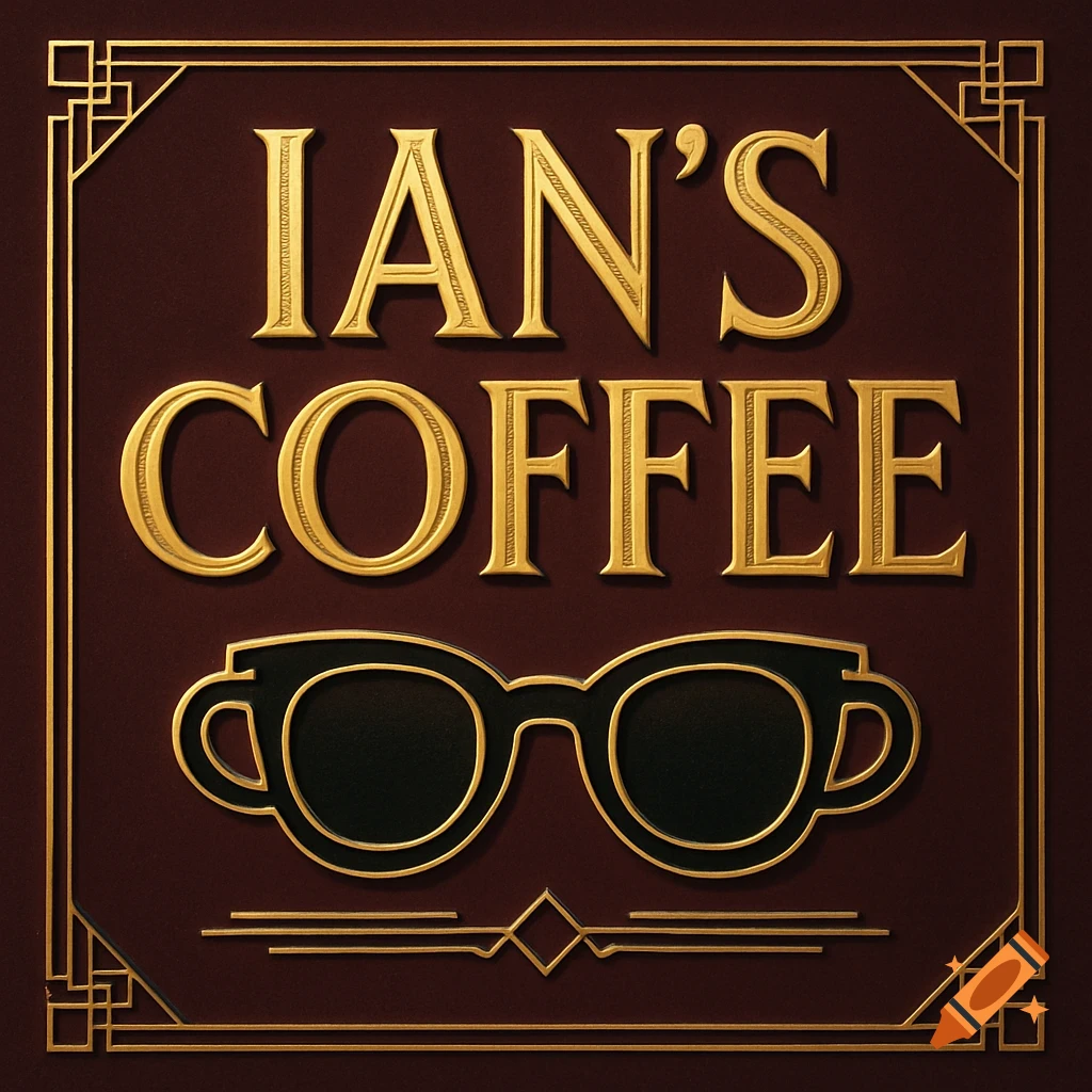 An art deco sign with gold letters reading 'IAN'S COFFEE' and a logo of two coffee cups forming eyeglasses on a maroon background.