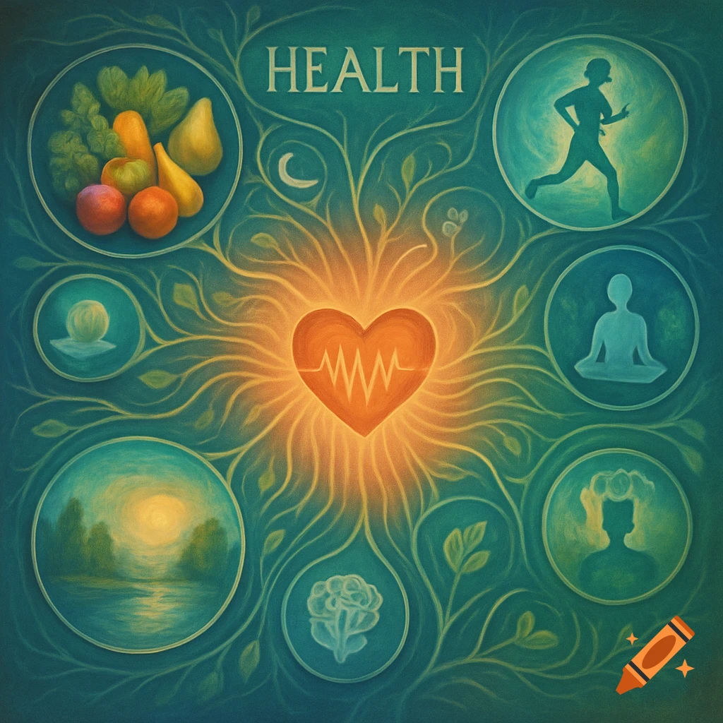 A stylized illustration on a teal background depicts a glowing orange heart at its center, with tendrils reaching out to circular icons. Icons include fruits, a runner, a meditating figure, a natural landscape, and a brain. The word "HEALTH" is prominently displayed at the top.