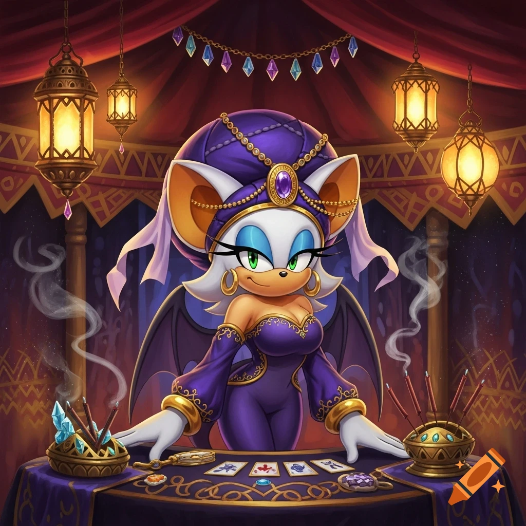 Rouge the Bat as a fortune teller in a purple outfit and turban, standing behind a table with incense and cards in a tent with lanterns.
