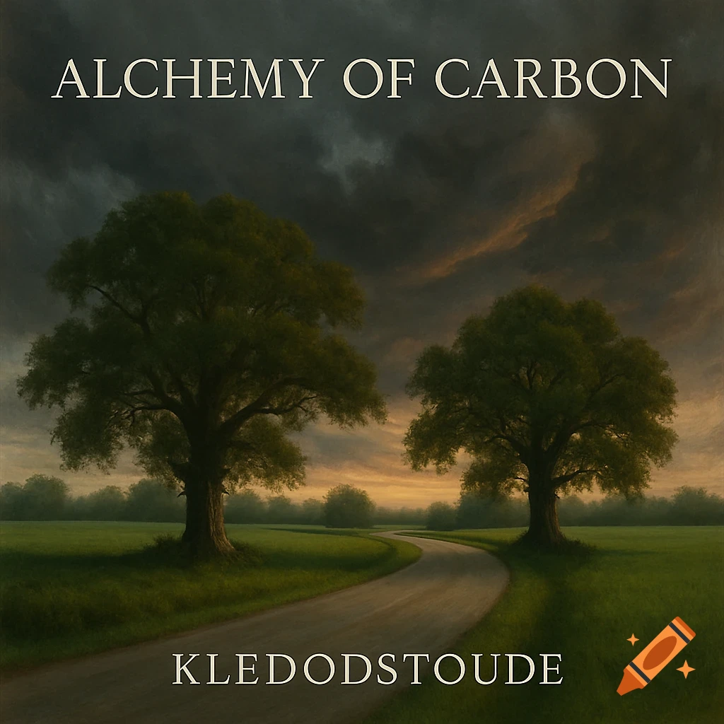 A scenic country road winds through lush green fields under a dramatic, moody sky, with text "ALCHEMY OF CARBON" and "KLEDODSTOUDE".