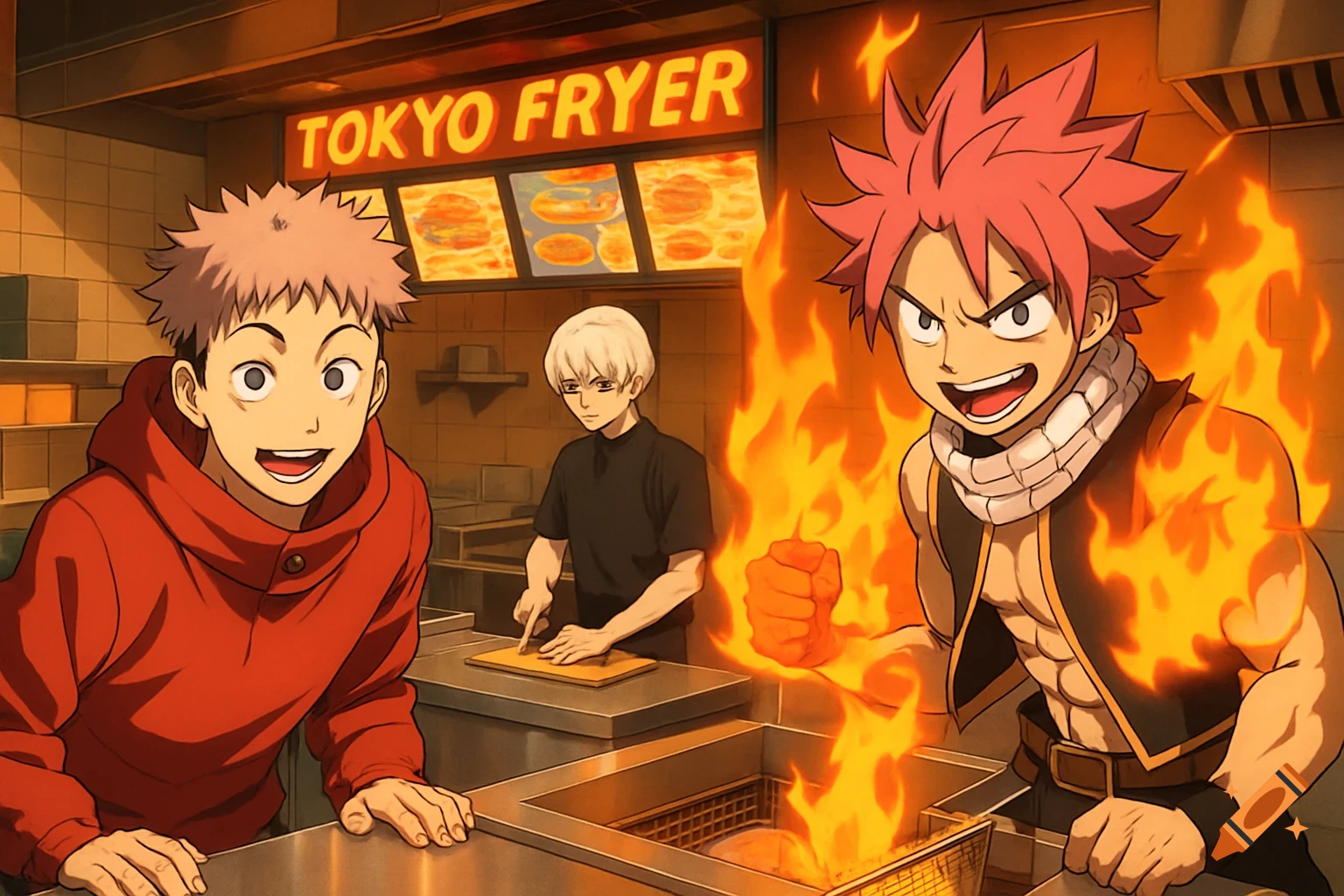 Anime illustration of Yuji Itadori and Natsu Dragneel with flames at a fryer in a 'Tokyo Fryer' restaurant, with Ken Kaneki preparing food.