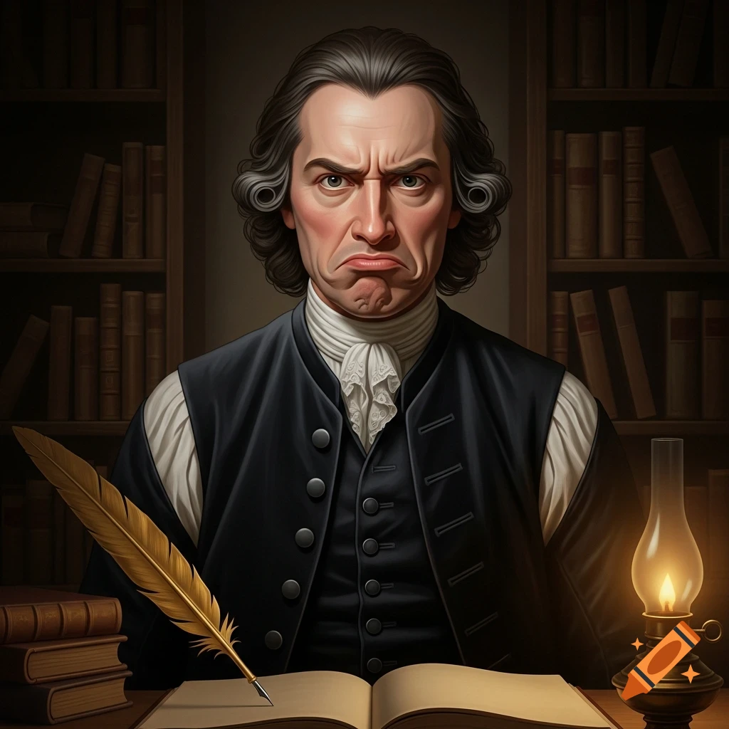 A historical portrait of philosopher John Locke looking disgusted, sitting at a desk with a quill and an open book in a dimly lit study.