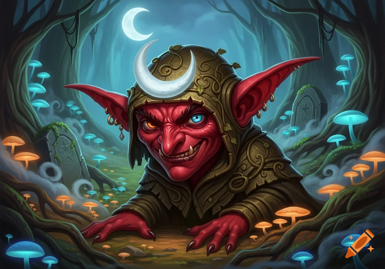 A mischievous red goblin grins in a moonlit fantasy forest with glowing blue and orange mushrooms.