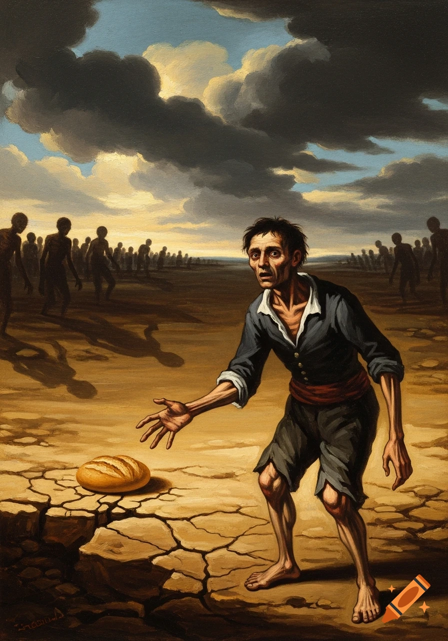 A gaunt man in tattered clothes reaches for a loaf of bread on cracked earth under a stormy sky, with shadowy figures. Goya style.