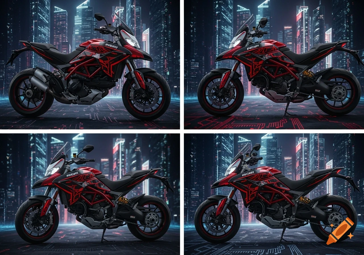 Four views of a red and black Ducati Hyperstrada motorcycle with cyberpunk patterns in a neon-lit futuristic city at night.