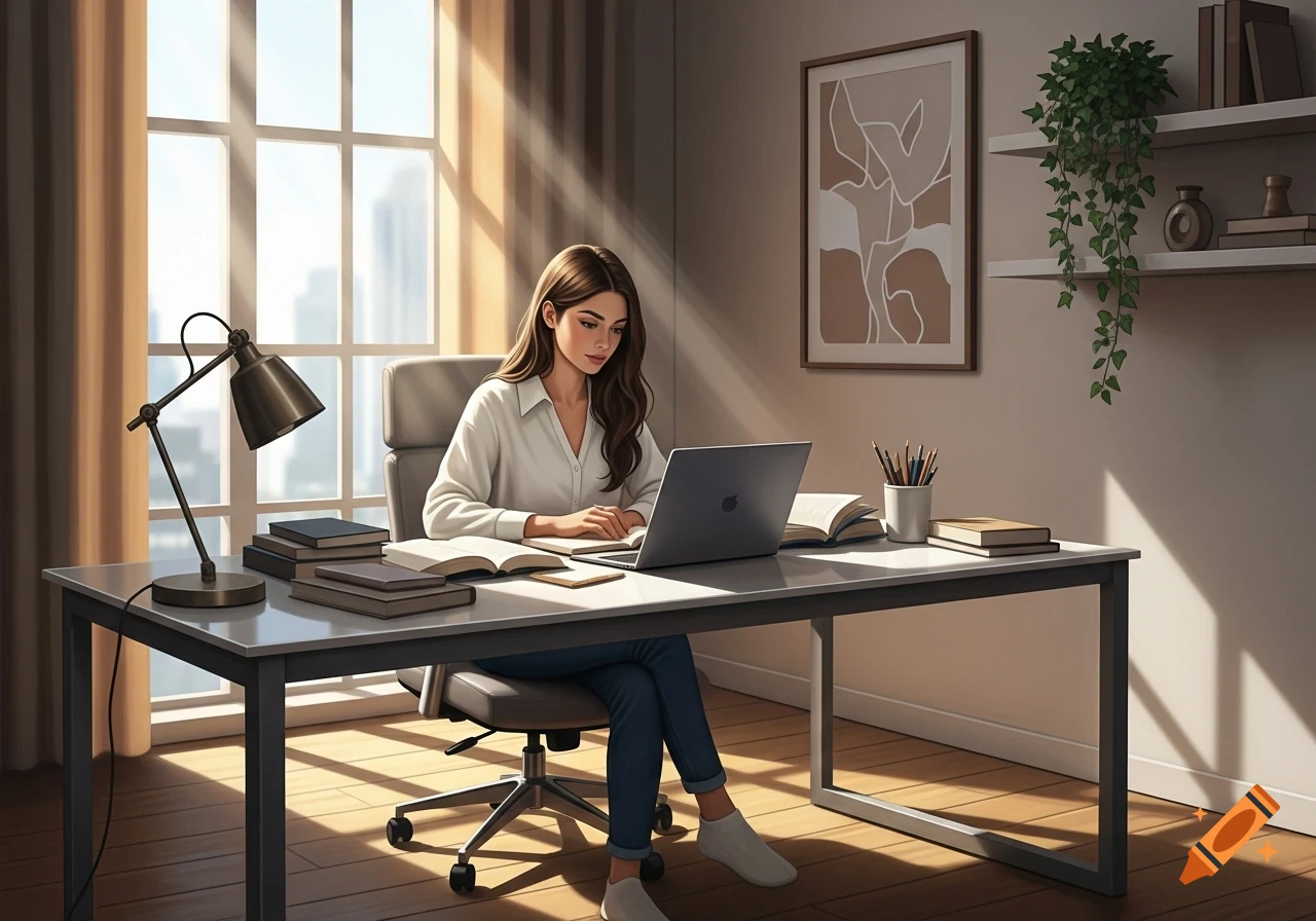 A focused young woman works on a laptop at a desk surrounded by books, bathed in warm natural light from a large window.