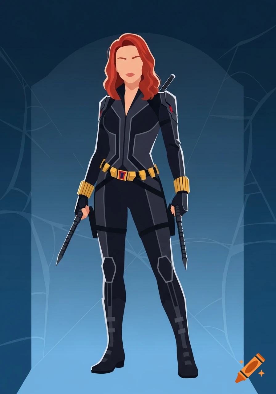 Black Widow in her black suit with gold accents, holding two batons, rendered in a flat design style against a blue background.