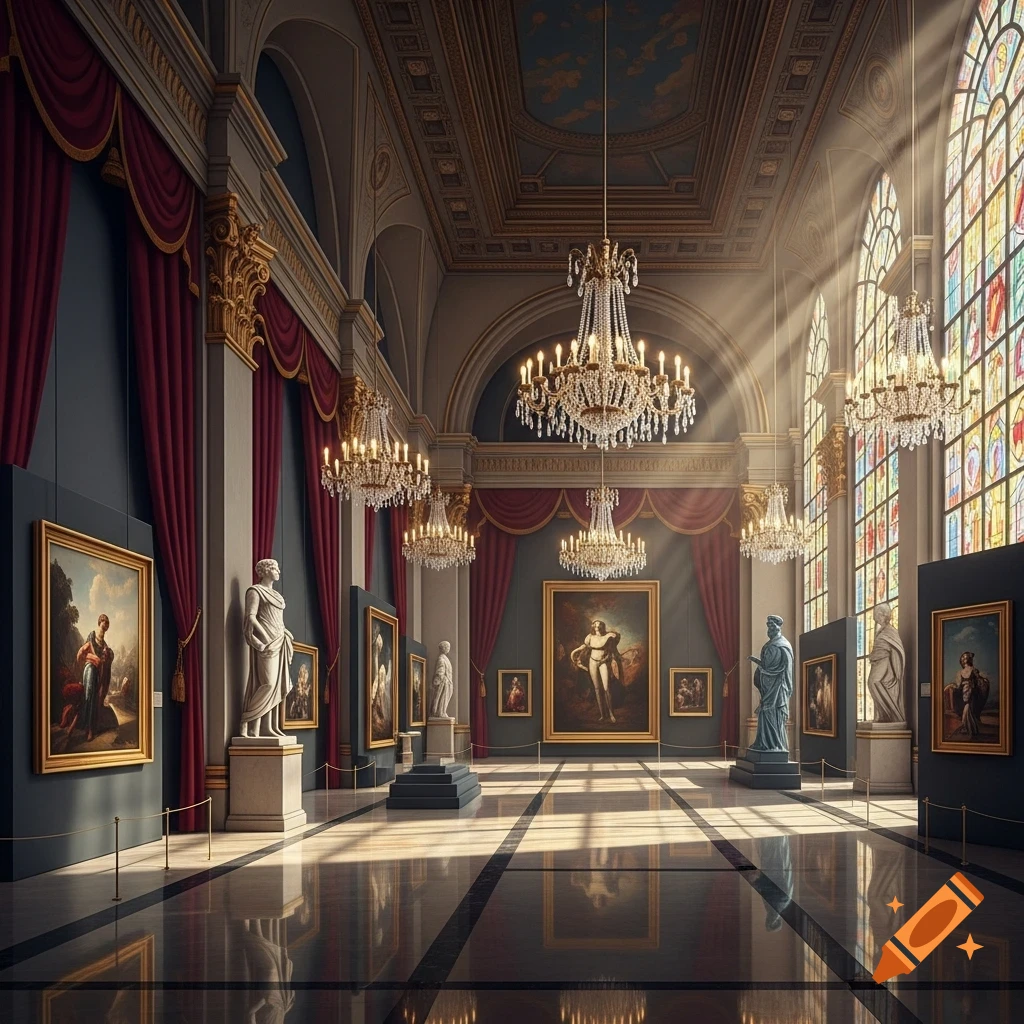 A grand, sunlit museum hall featuring classical statues, framed artworks, crystal chandeliers, and a vibrant stained-glass window.