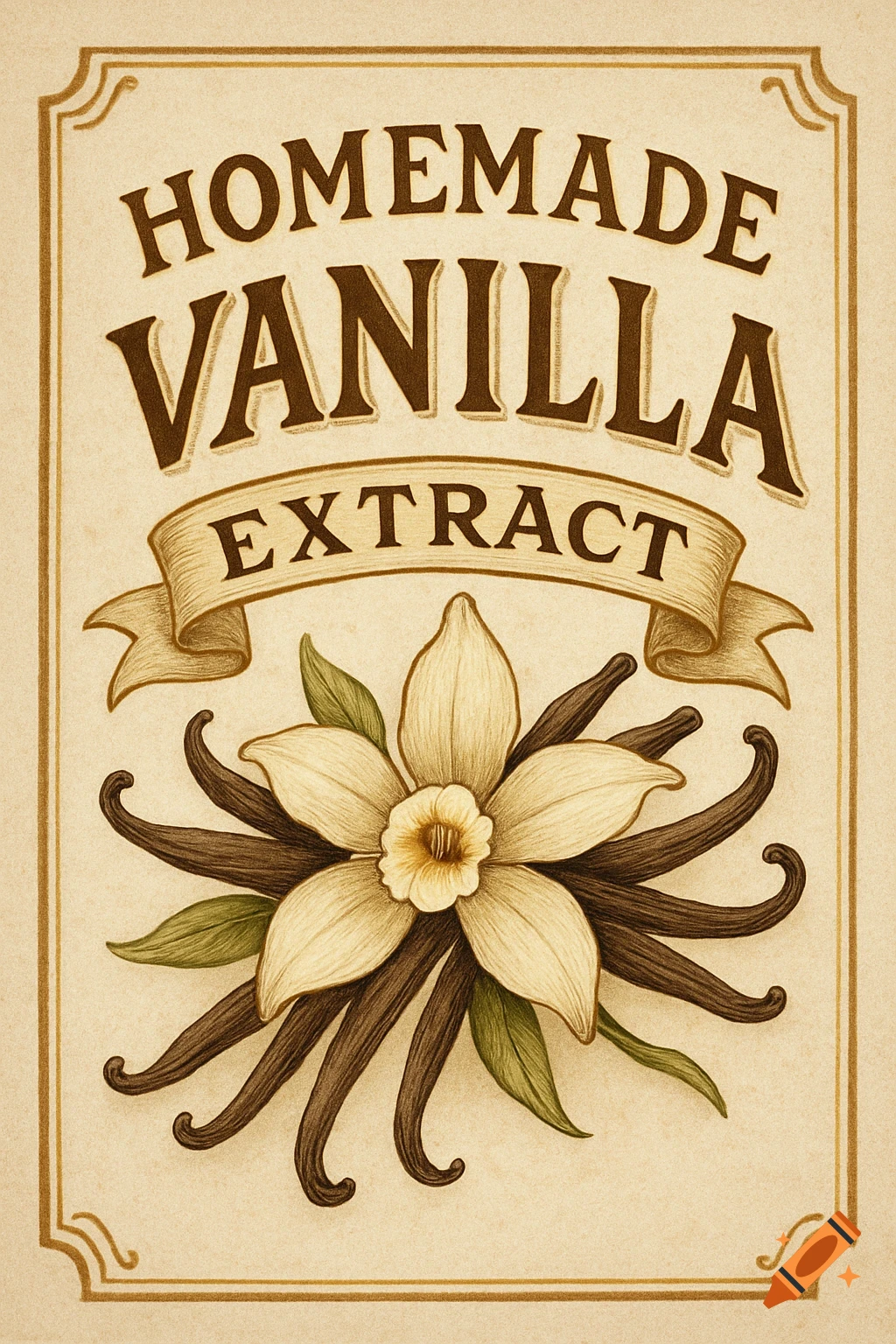 Vintage-style label for homemade vanilla extract with a vanilla flower and pods.