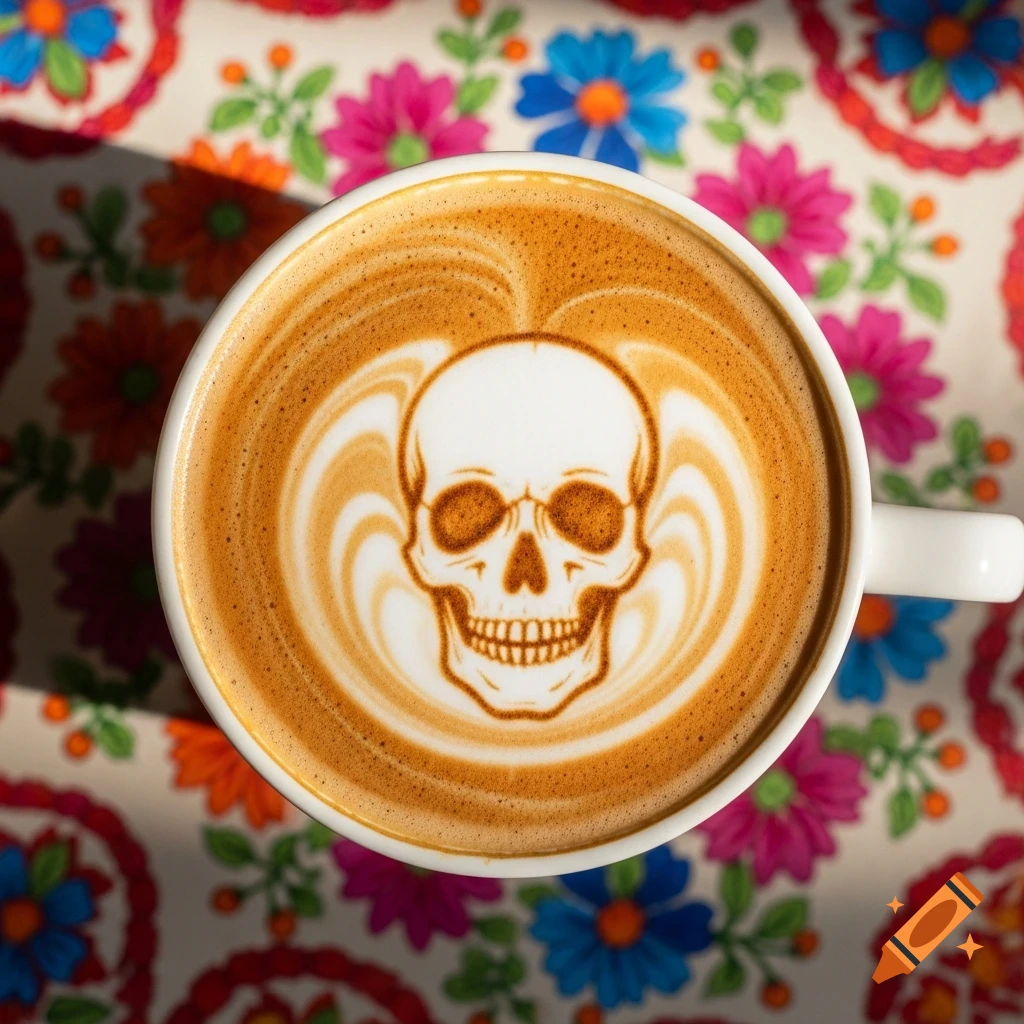 Top-down view of a coffee cup with a stylized skull in latte art, on a vibrant floral tablecloth, photorealistic.