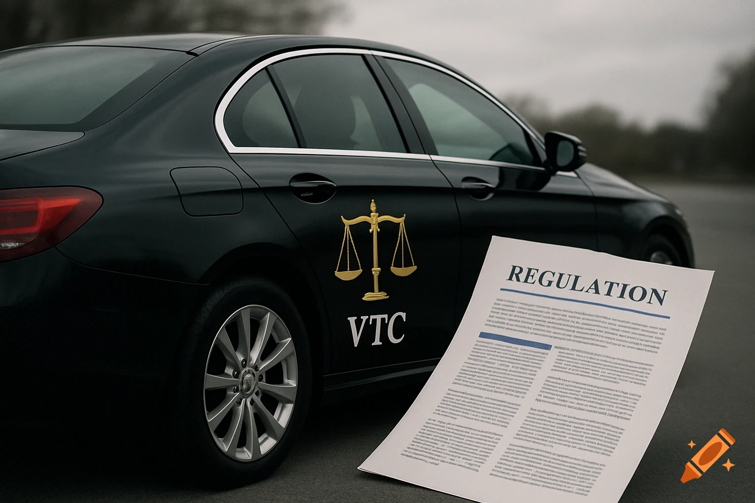 Black VTC car with a golden scales of justice symbol on its side, next to a document titled 'REGULATION' on the ground.