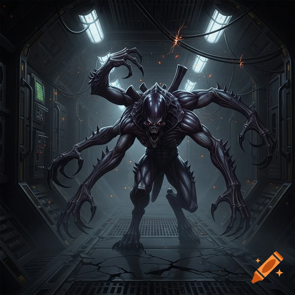 A dark, multi-limbed alien monster with red eyes and sharp teeth stalks a dimly lit, metallic sci-fi corridor, digital art.