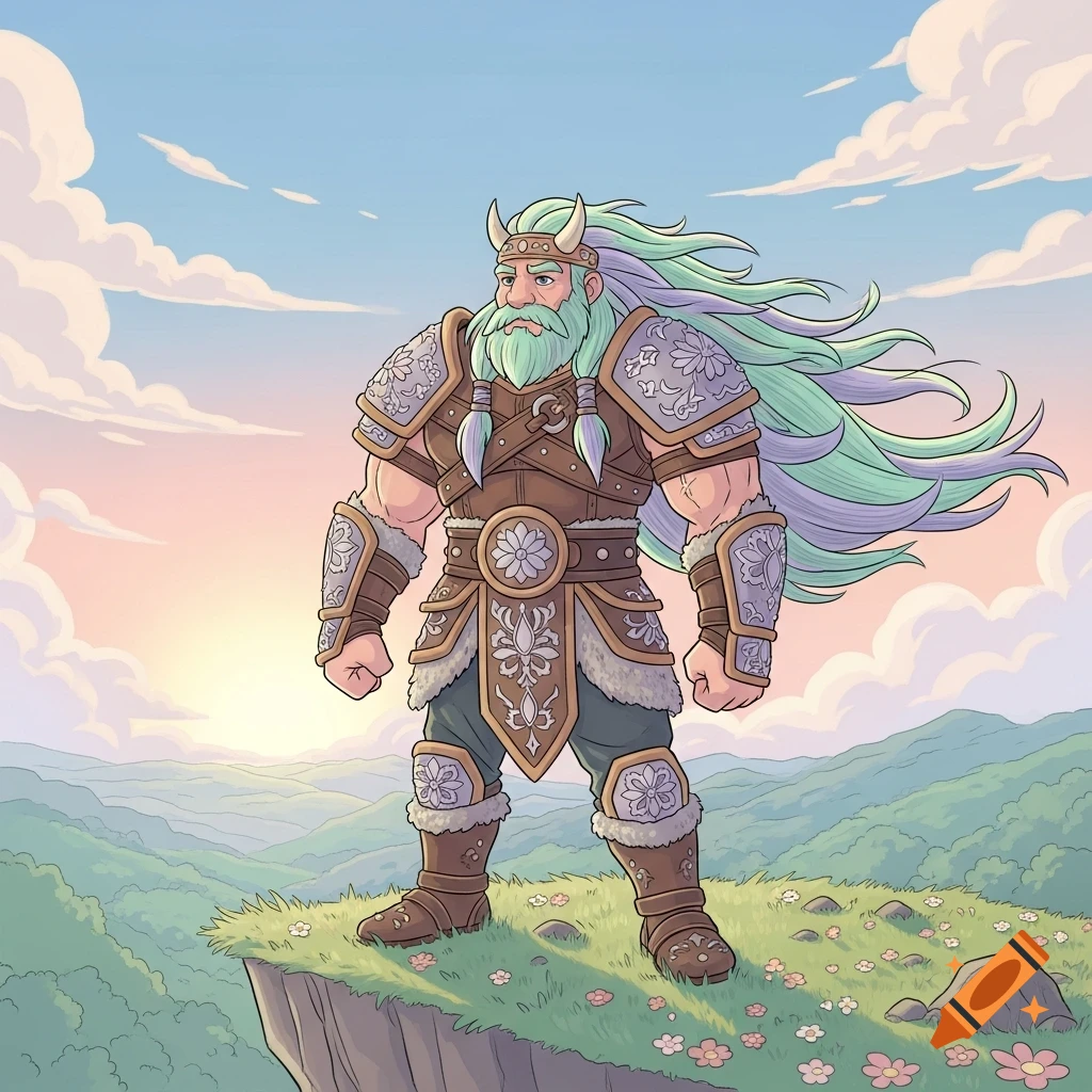 A cartoon barbarian with a green beard and flowing pastel hair stands in ornate armor on a cliff overlooking a serene landscape at sunset.