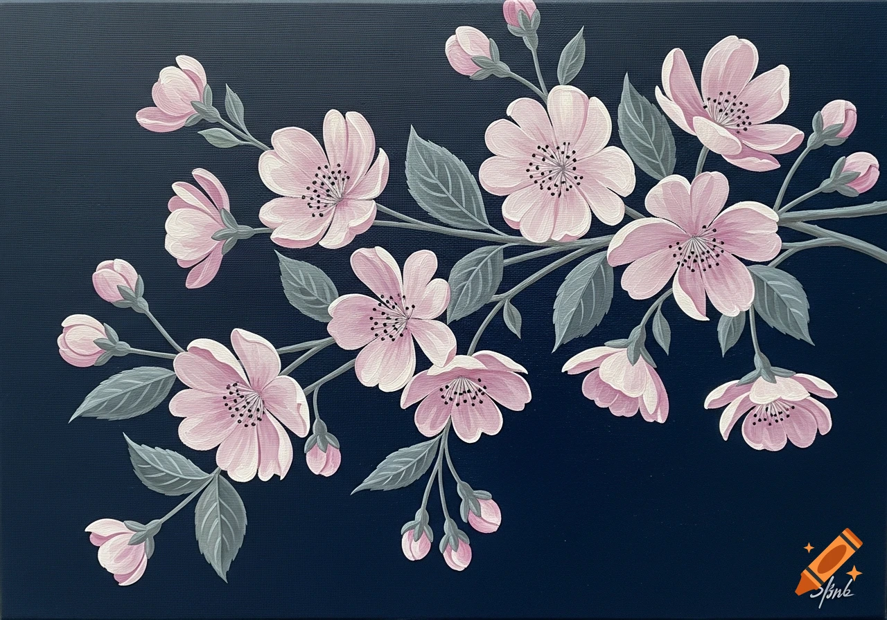 Pale pink flowers on a branch with green leaves against a deep navy blue background, painted in acrylics.
