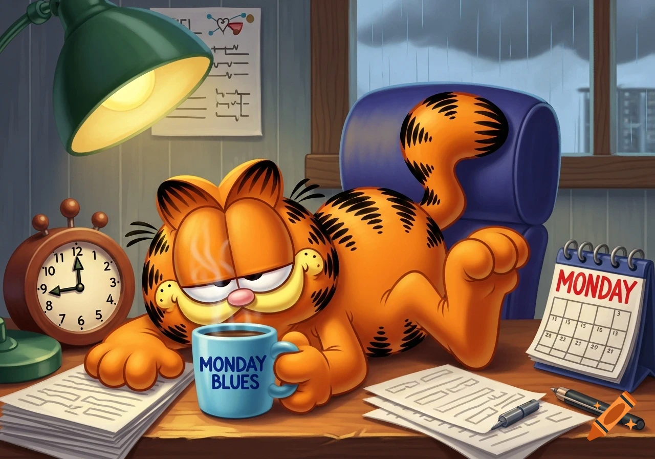 Cartoon illustration of Garfield the cat looking grumpy at a desk, holding a coffee mug that says "MONDAY BLUES". An alarm clock and a calendar showing "MONDAY" are next to him.
