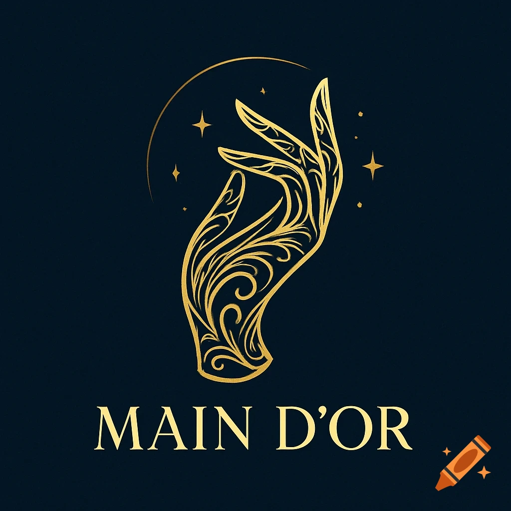 An elegant golden ornate hand logo with a crescent and stars, above the text 'MAIN D’OR' on a dark blue background.