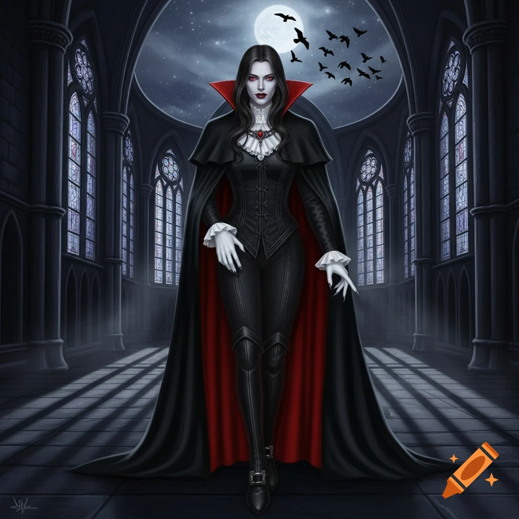 A female vampire in a black cloak with a red lining stands in a gothic hall under a full moon with bats flying. She has pale skin, red eyes, and sharp nails.