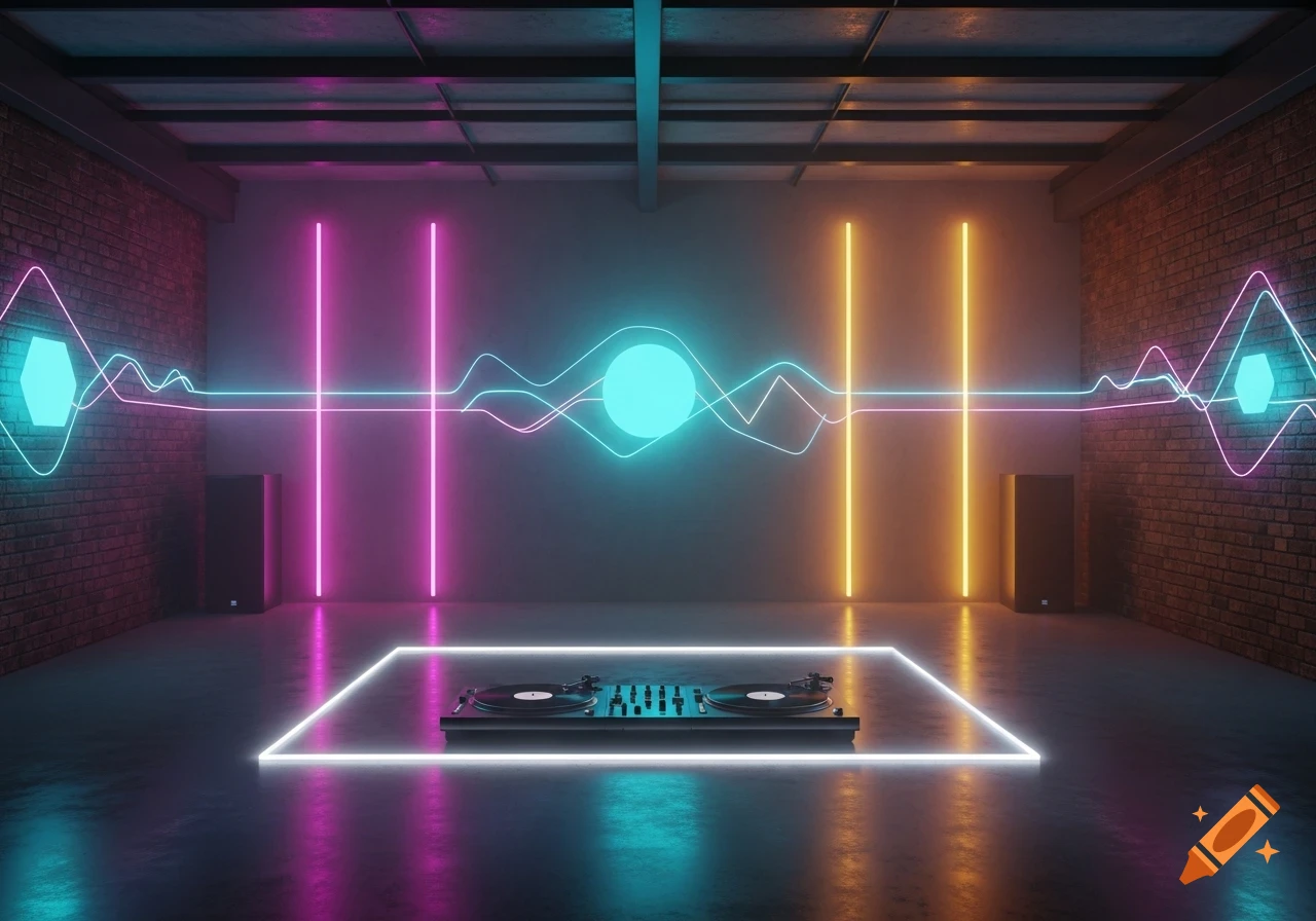 A DJ setup on a glowing platform in a dark, industrial room illuminated by vibrant pink, yellow, and cyan neon lights and sound wave patterns.