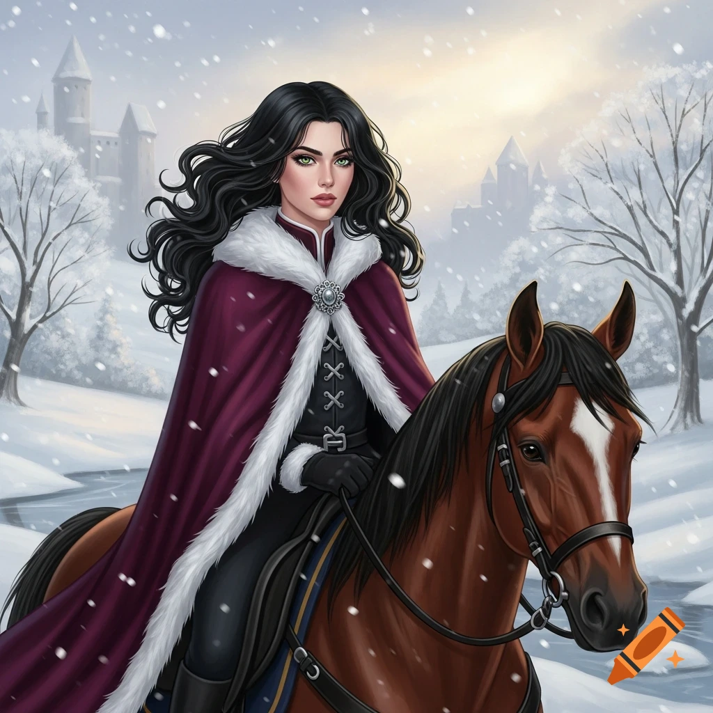 A black-haired woman in a fur-trimmed burgundy cape rides a brown horse through a snowy medieval landscape with castles. Digital painting.