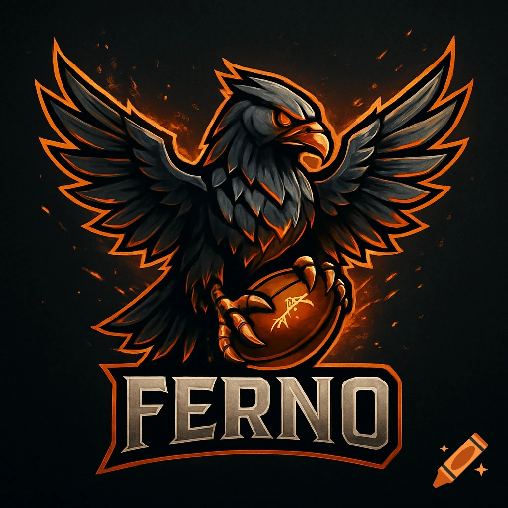 A stylized dark gray hawk logo with orange glowing outlines, clutching a glowing football, above the word 'FERNO' on a black background.