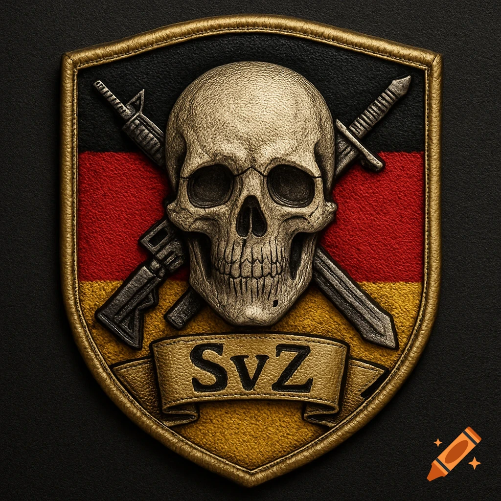 Military patch with a stylized skull, crossed rifle and sword over a German flag, and 'SvZ' text on a banner.