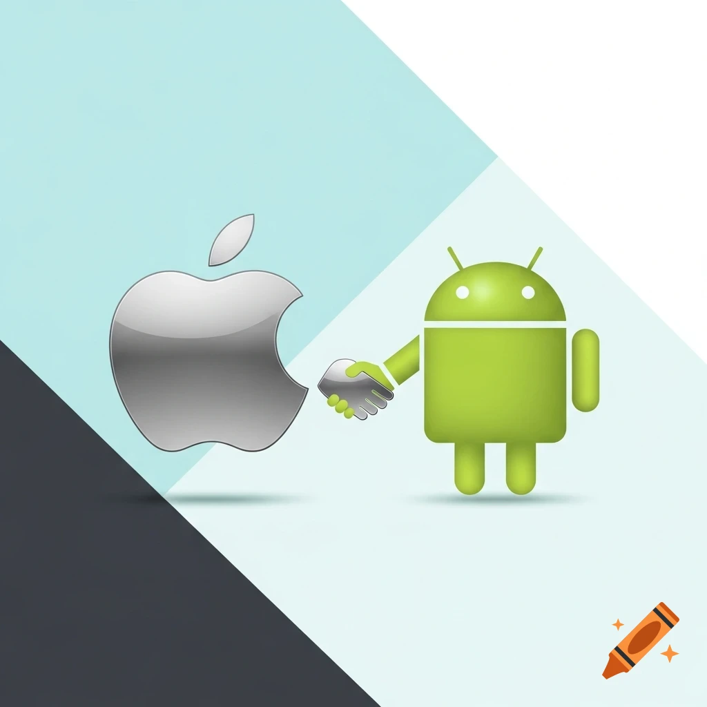 Apple logo and green Android robot shaking hands in a minimalist style on a blue and white background.
