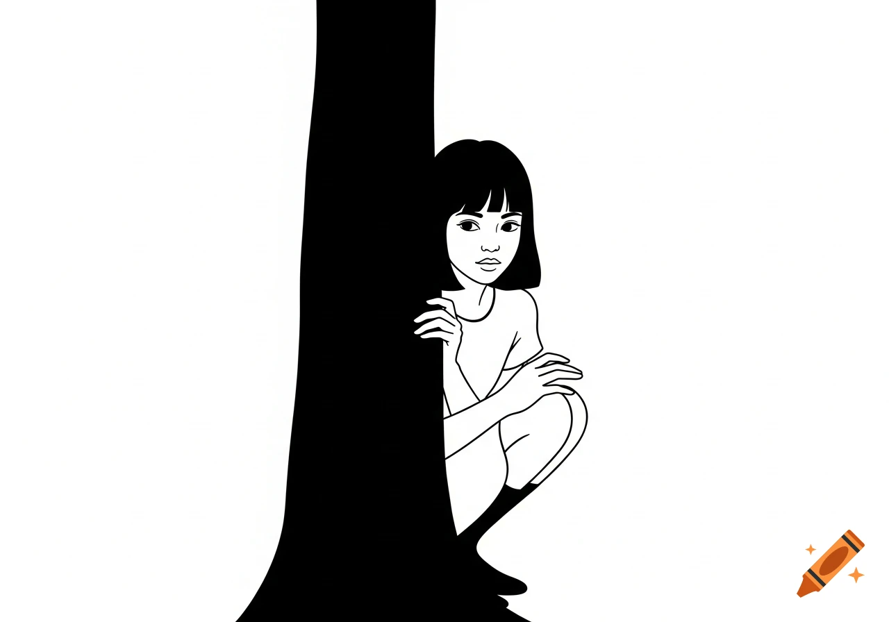 A minimalist black and white line drawing of a girl with bobbed hair peeking from behind a thick black vertical shape.