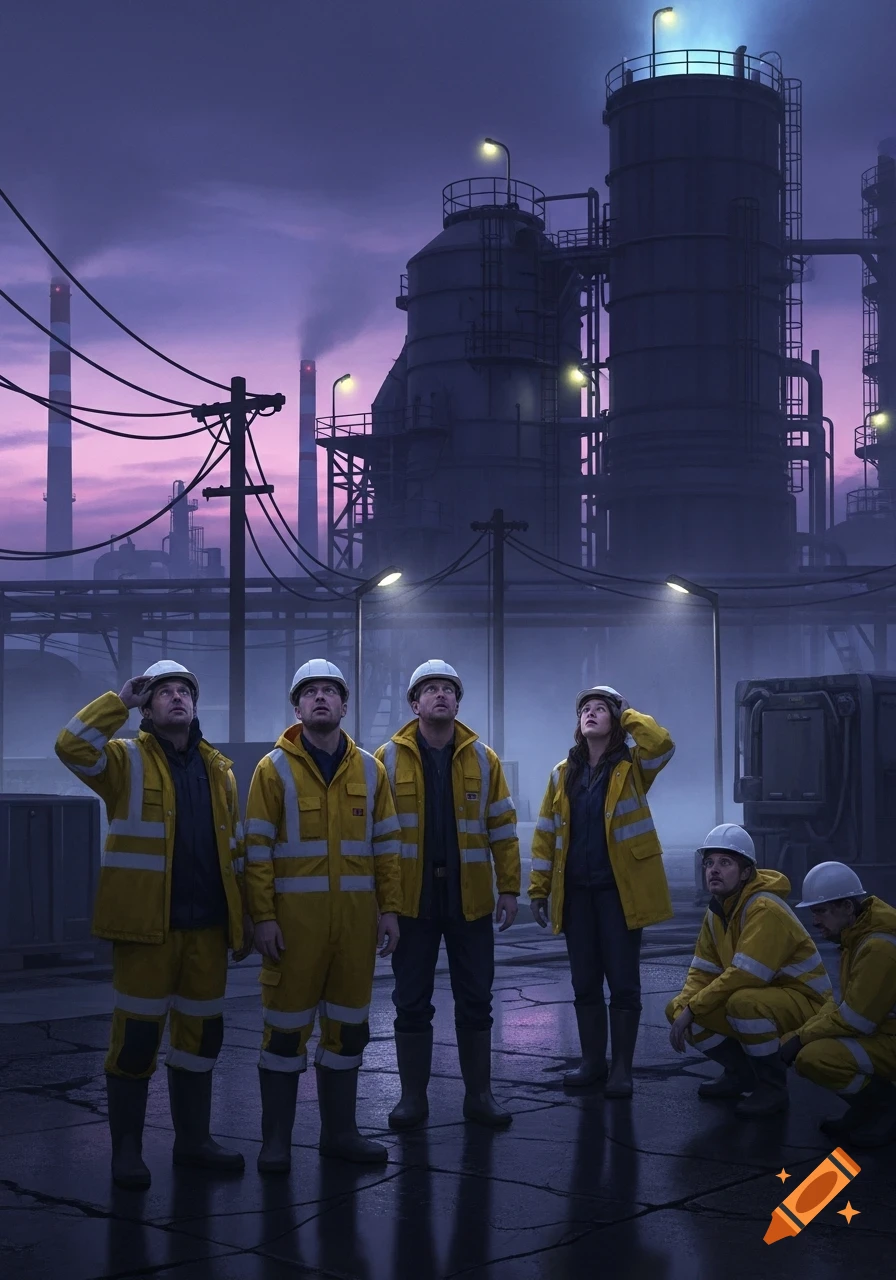 A group of workers in yellow safety gear and hardhats look up in a puzzled manner at an industrial plant at twilight.