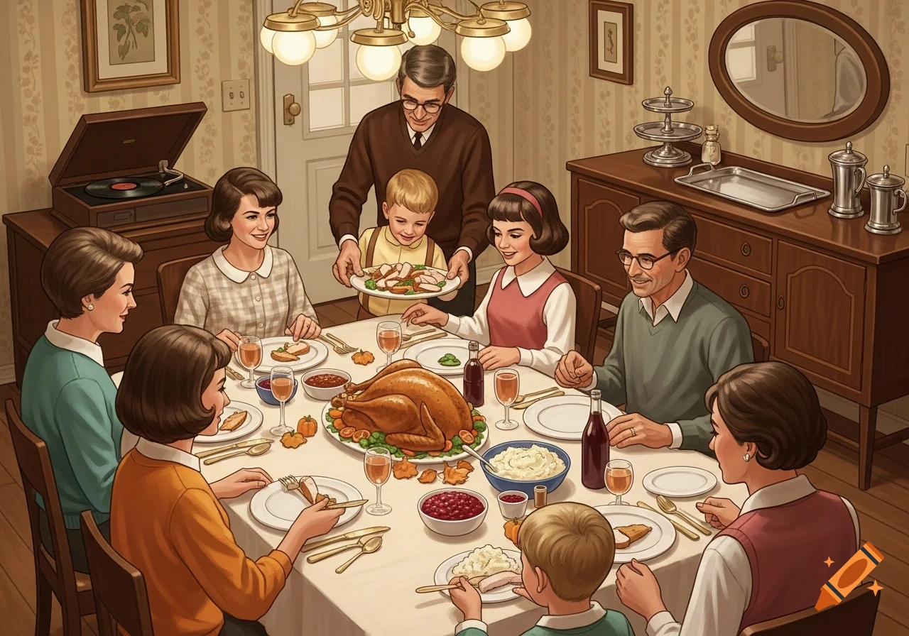 A vintage-style illustration of a family gathered around a dining table for a Thanksgiving meal in the 1960s.