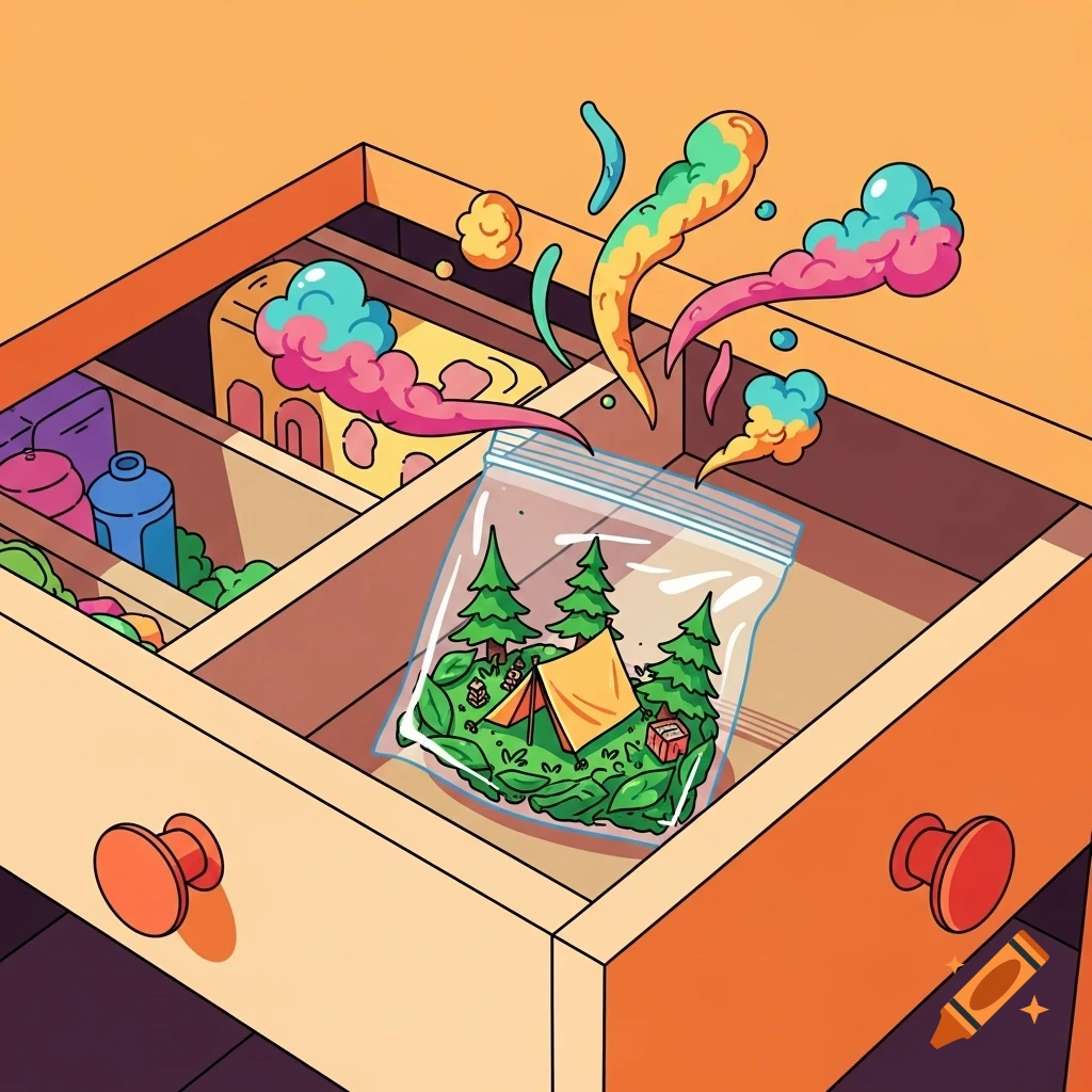 Colorful cartoon illustration of an open drawer with a plastic bag containing a mini camping scene of a tent, trees, and leaves, with swirling colored smoke.