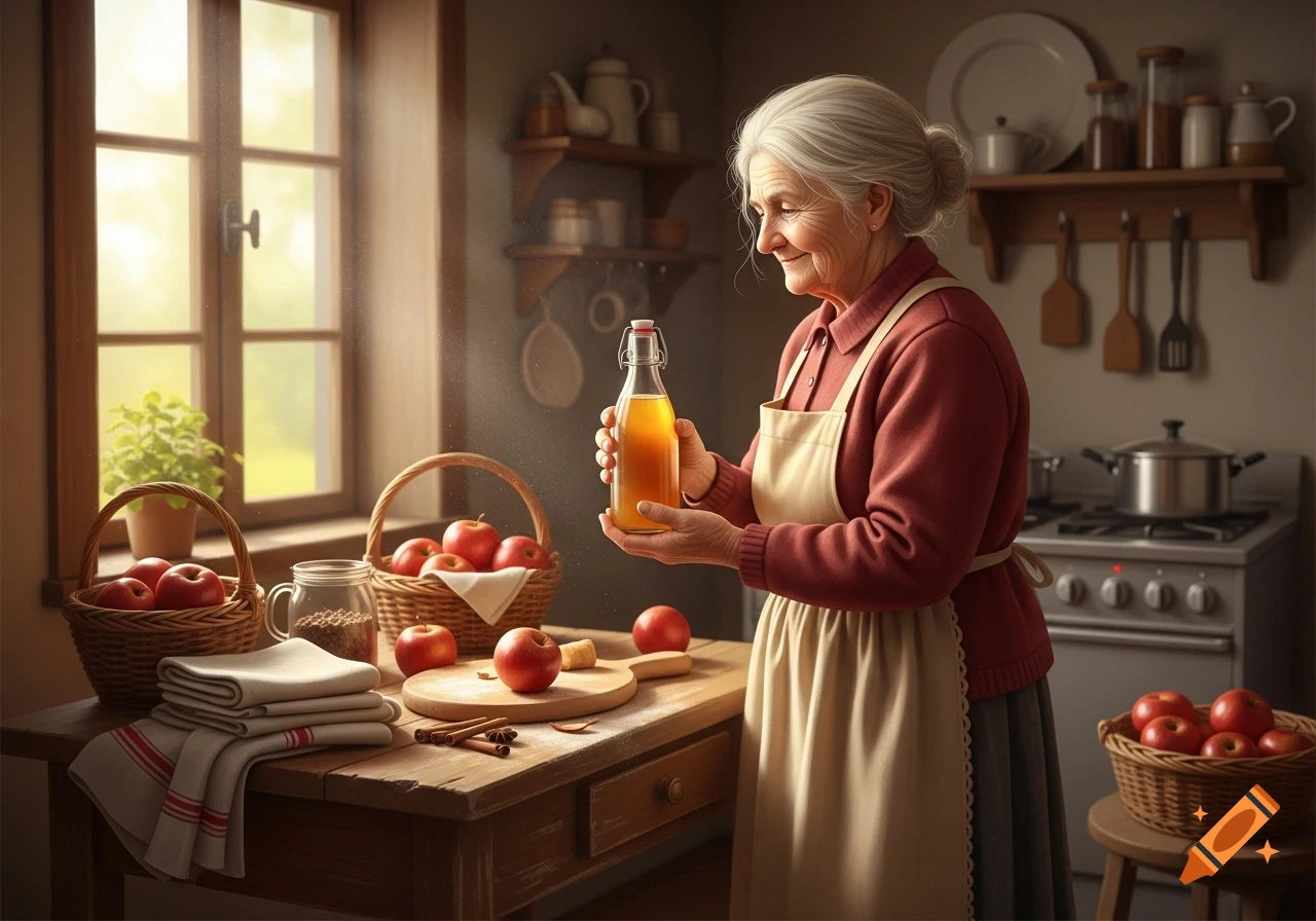 An elderly woman in an apron smiles, holding homemade apple juice in a rustic kitchen with apples on the table.
