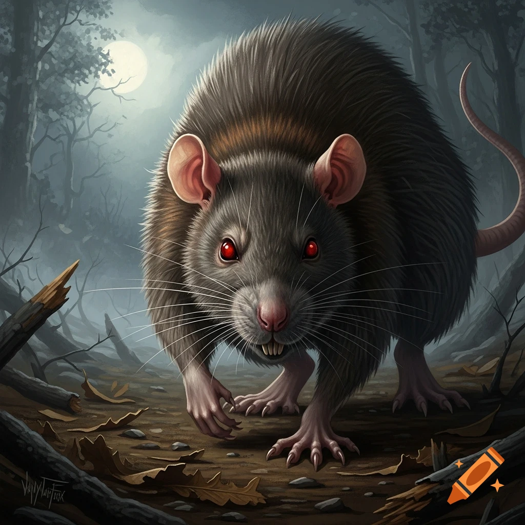 Fury Rats A large, furry rat with glowing red eyes and sharp teeth hunches ...