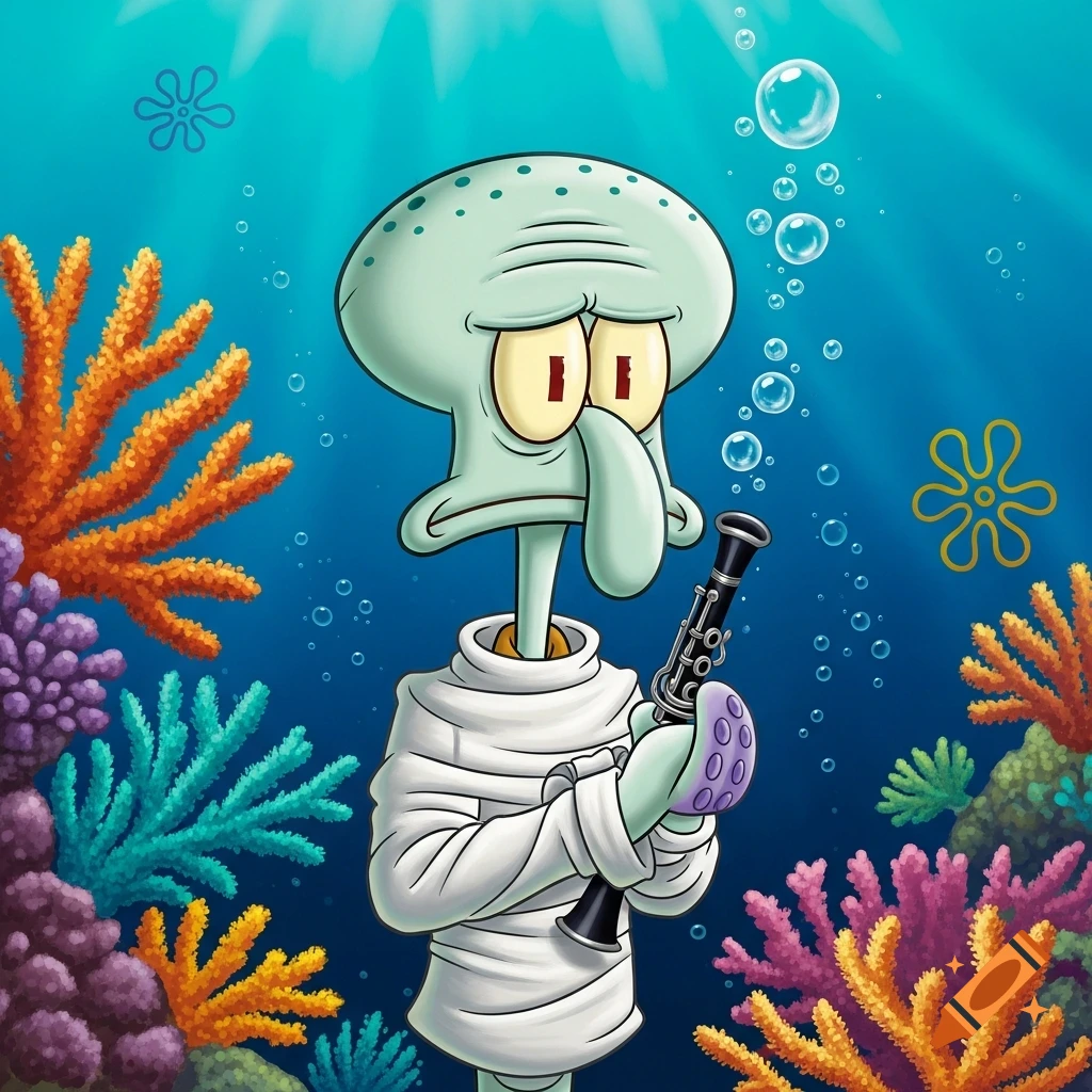 Cartoon Squidward in a straight jacket holds a clarinet underwater, surrounded by colorful coral and bubbles.