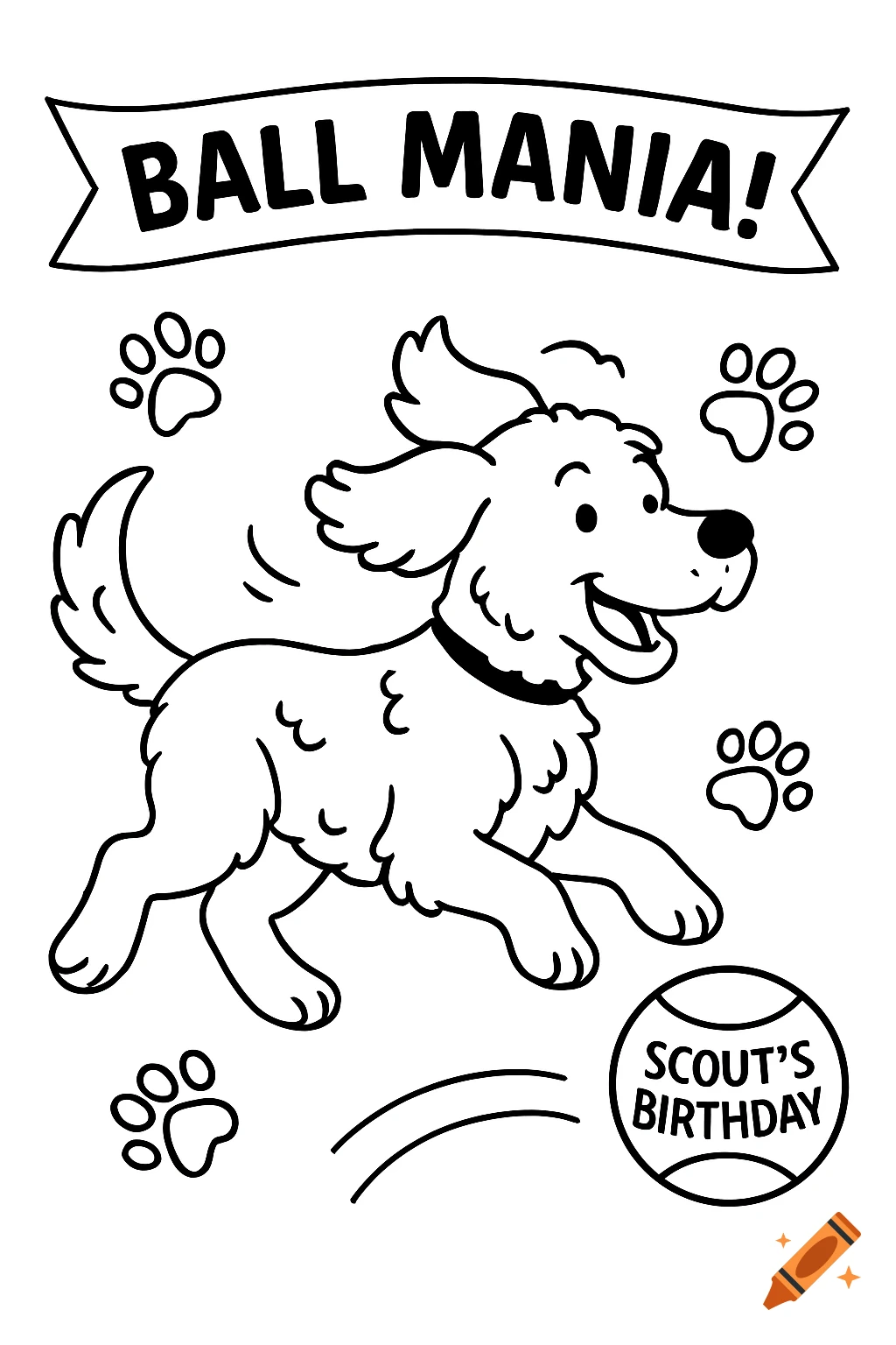 Black-and-white line art of a playful dog with curly fur and floppy ears, chasing a tennis ball. A banner reads "BALL MANIA!"