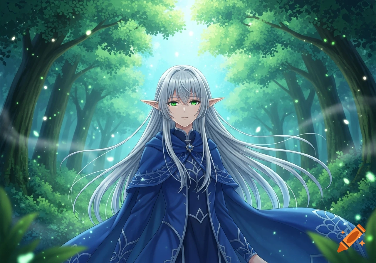 Anime illustration of a silver-haired elf with green eyes wearing a blue cloak, standing in an enchanted forest.